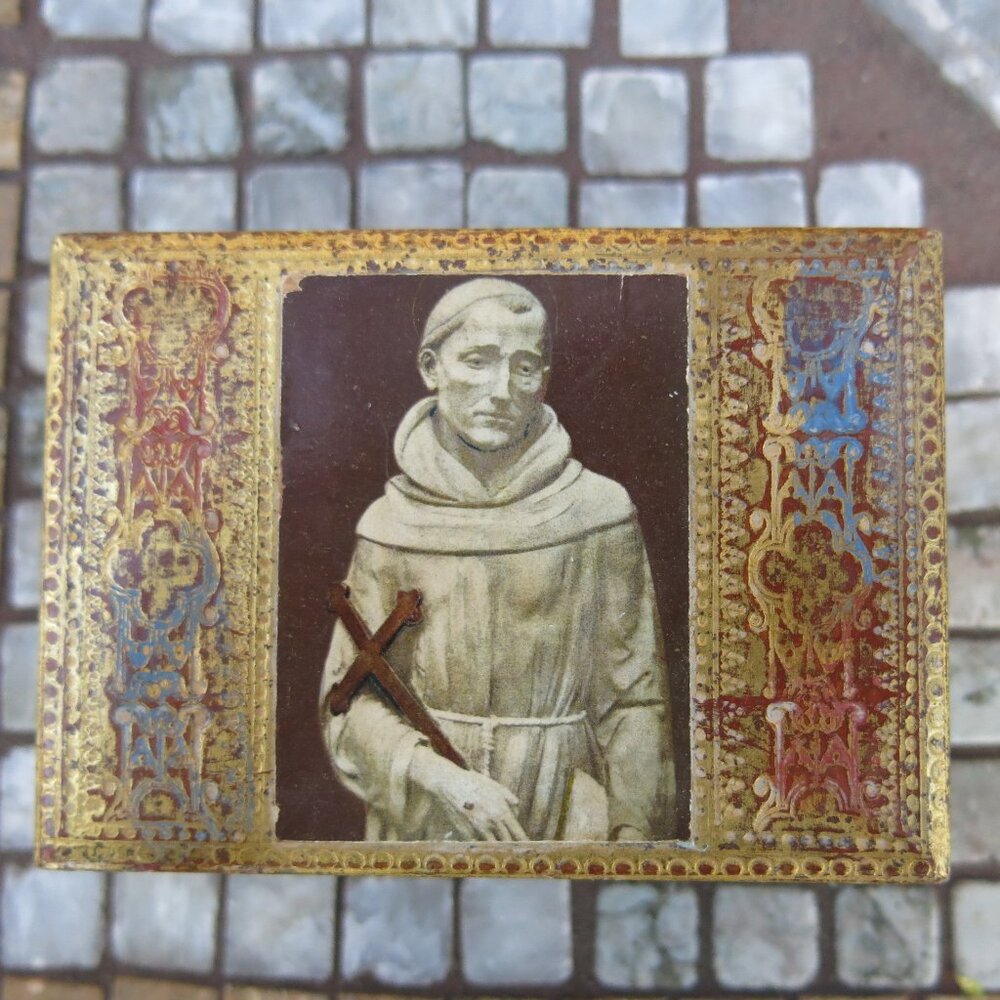 Vintage Italian St. Francis Hand Painted Wood Embossed Trinket Box